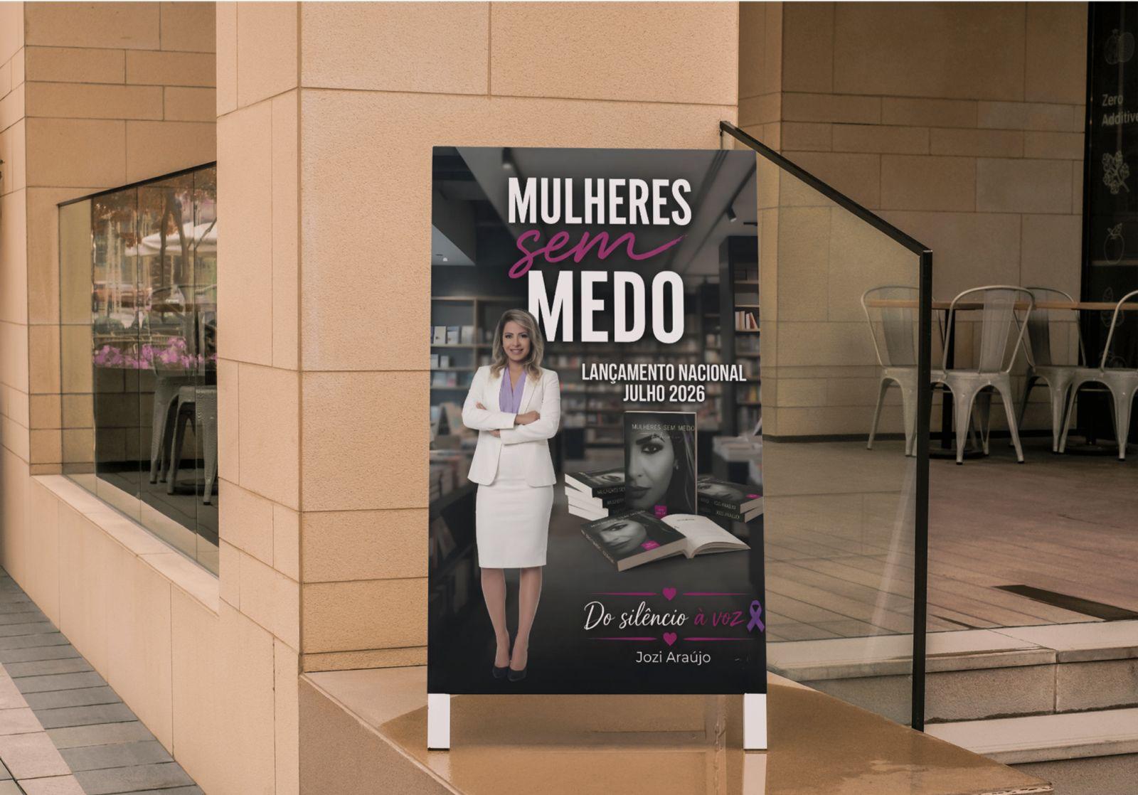 Cavalete de divulgação do livro em frente a uma livraria