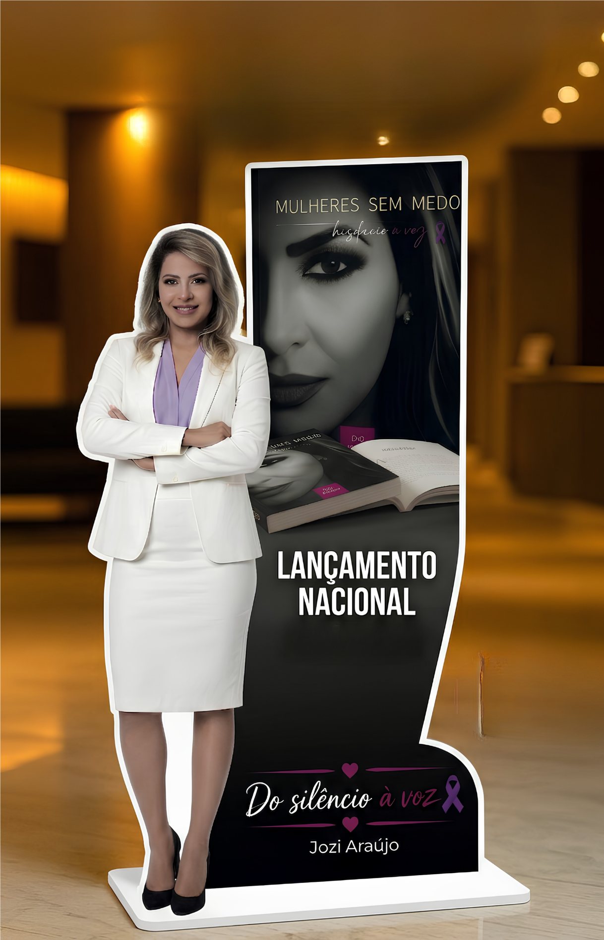 Jozi Araújo ao lado do totem de lançamento do movimento Mulheres Sem Medo